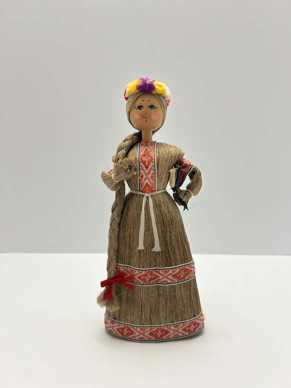Vintage Russian Folk Art Flax Husk Fiber Doll with Long Braid